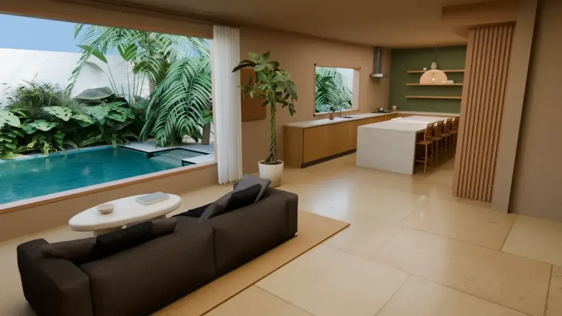 Render del living de la casa del recorrido